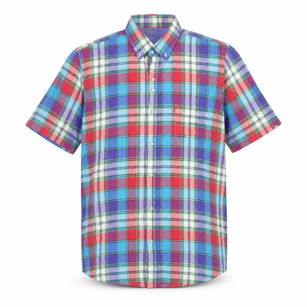 Front view of Dario Beltran Men's Multicoloured Plaid Button-Down Short Sleeve Cotton Shirt M