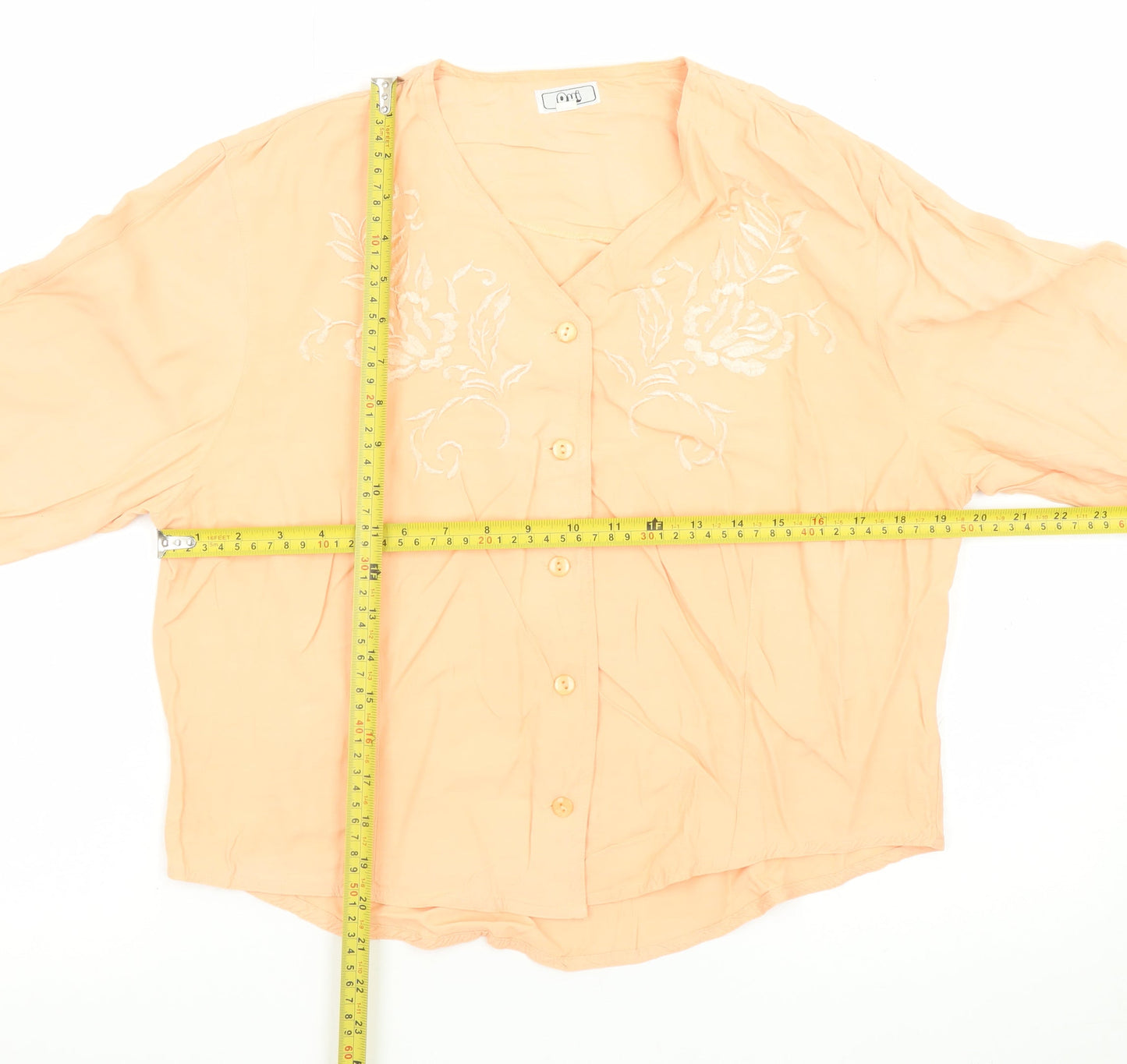 Oui Women's Orange Embroidered Viscose Long Sleeve Blouse Size 14