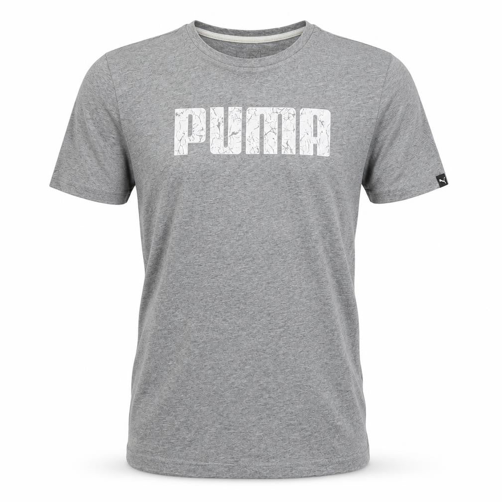 Front view of Puma Men's Grey Graphic Logo T-Shirt, size M, Short Sleeve Sportswear