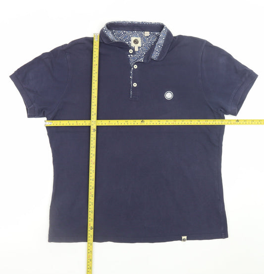 Pretty Green Men's Navy Short Sleeve Polo Shirt Size L Paisley Collar