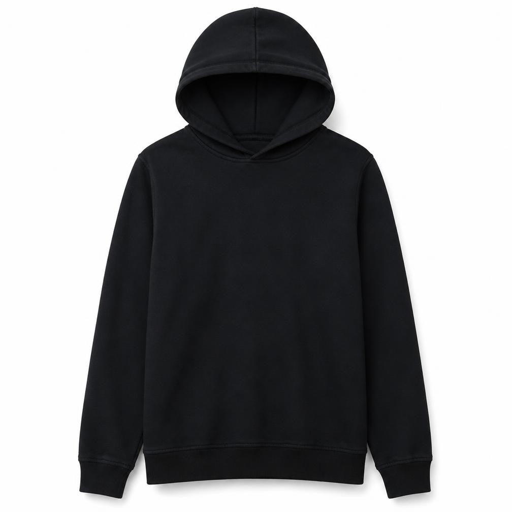 Front view of The North Face boys’ black pullover hoodie 100% cotton youth, size M