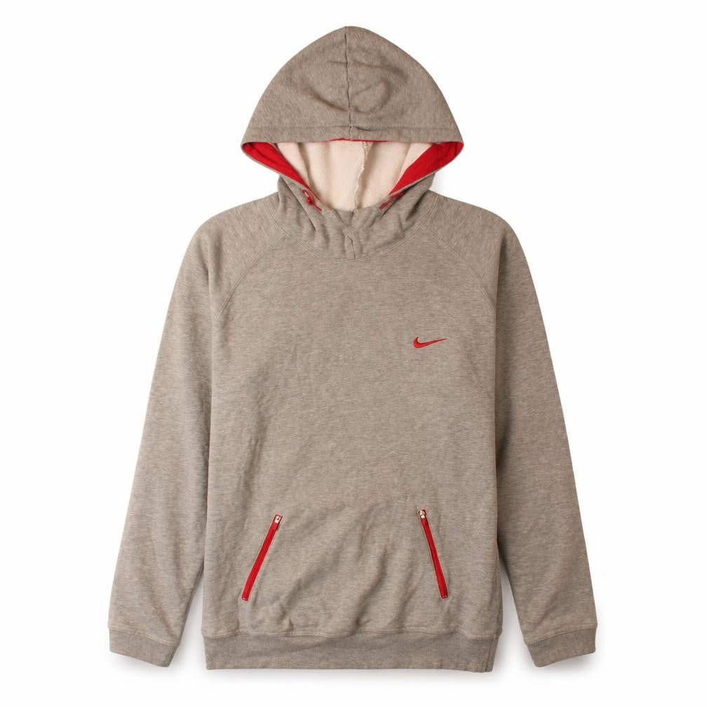 Nike Womens Grey Pullover Hoodie L Red Zip Pockets Sporty Style
