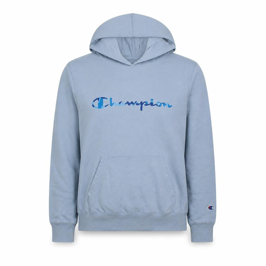 Front view of Champion Women’s Blue Pullover Hoodie, size L, Cotton Logo Athleticwear