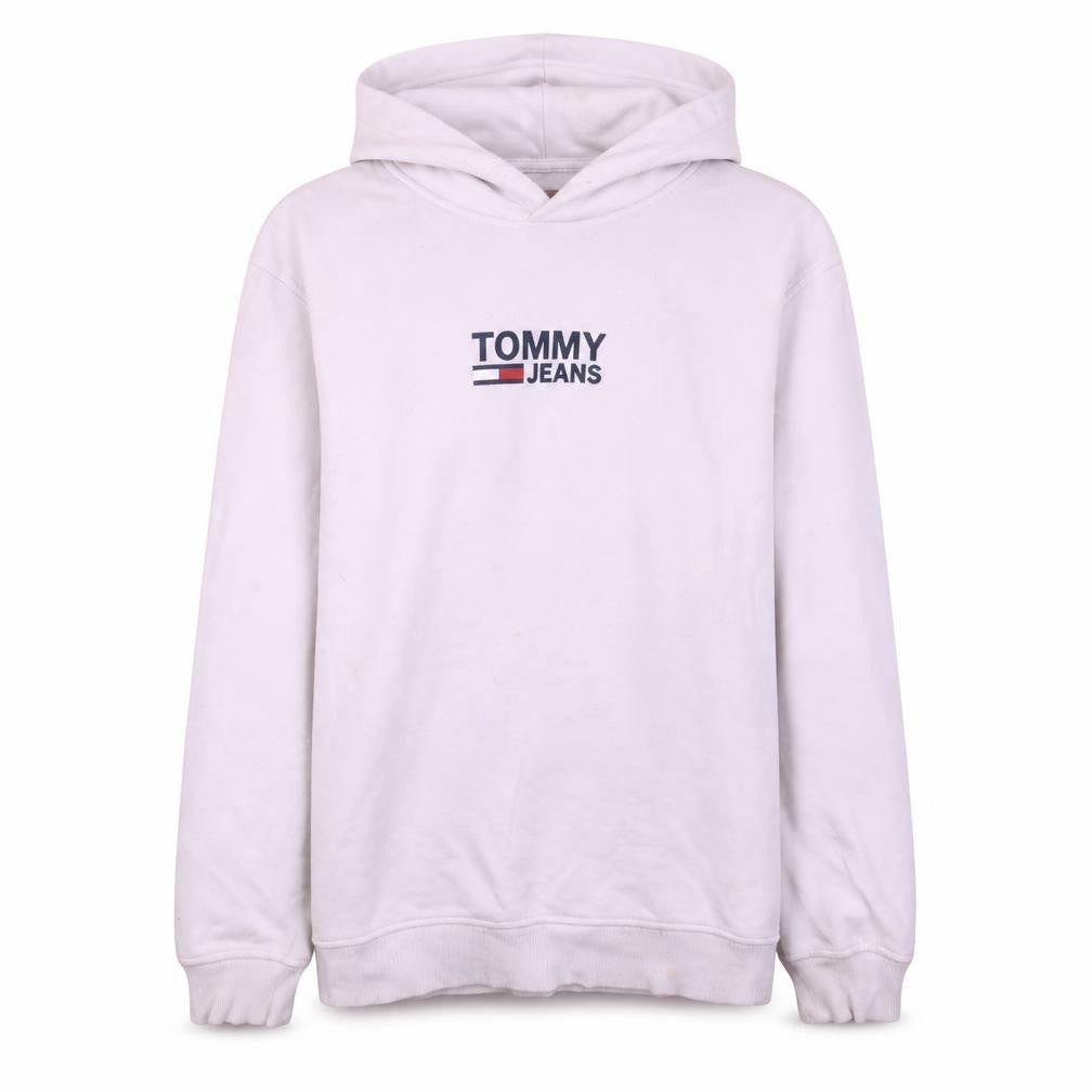 Front view of Tommy Jeans Men's White Pullover Hoodie M Logo Cotton Sweatshirt
