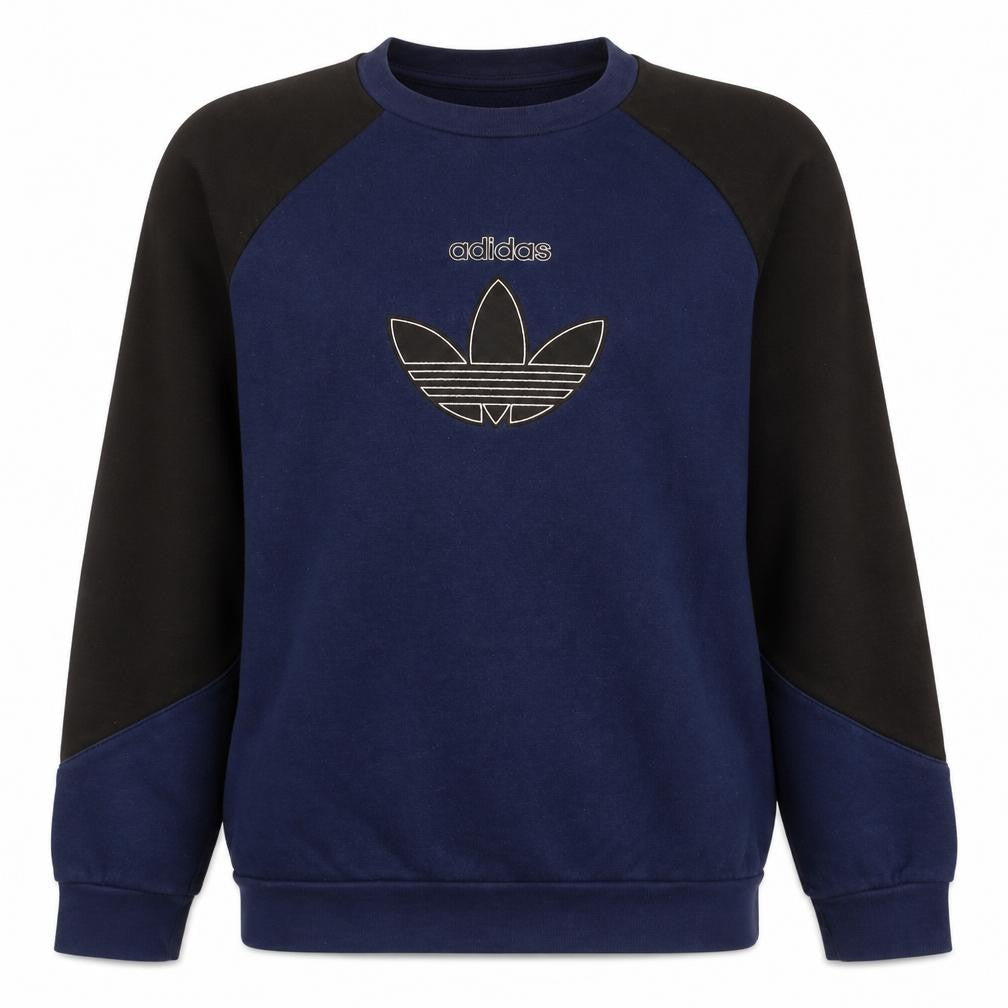 Front view of Adidas boys’ blue and black crew neck sweatshirt, size 13-14, years