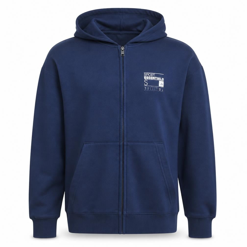 Front view of Adidas Men’s Blue Sport Essentials Full Zip Hoodie, size S