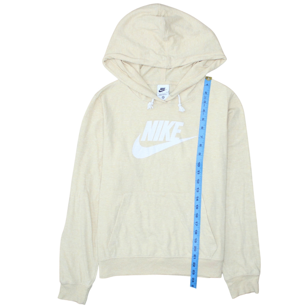 Nike Womens Beige Pullover Hoodie Small Logo Graphic Cotton Blend