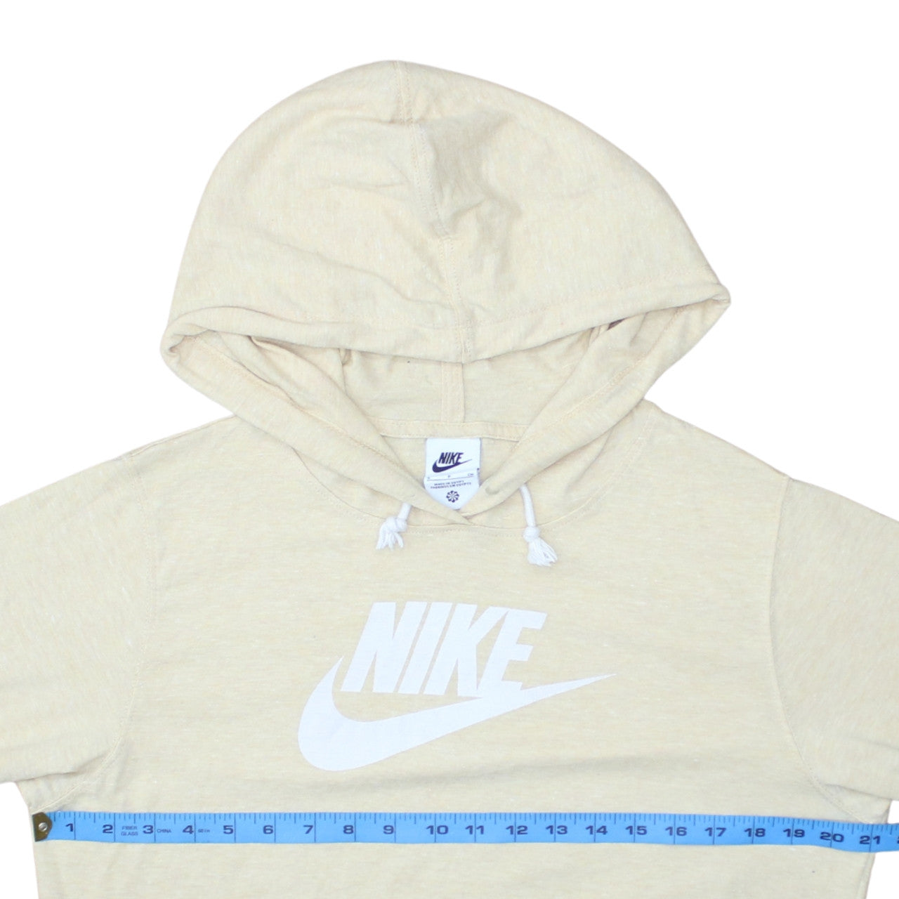 Nike Womens Beige Pullover Hoodie Small Logo Graphic Cotton Blend