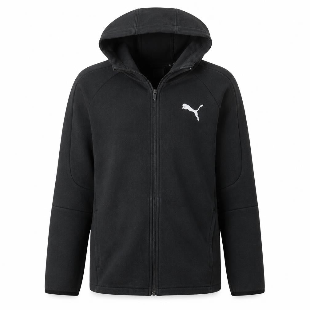 Front view of Puma Men's Black Full Zip Hoodie, size L, Sports Fleece Jacket