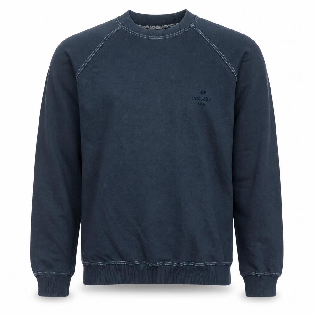 Front view of Lee Men's Blue Pullover Sweatshirt, size L, Classic Crew Neck