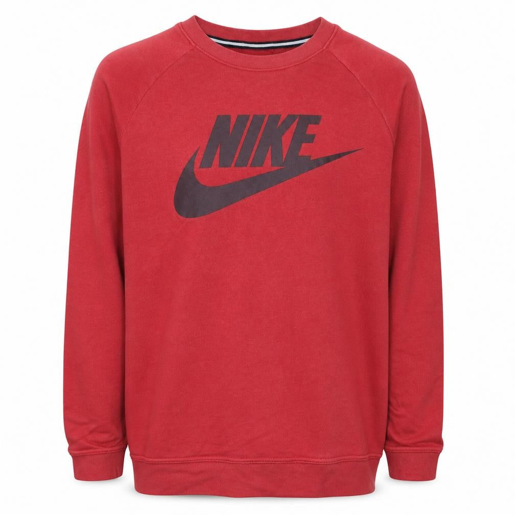 Front view of Nike Men's Red Crew Neck Graphic Logo Pullover Sweatshirt, size L