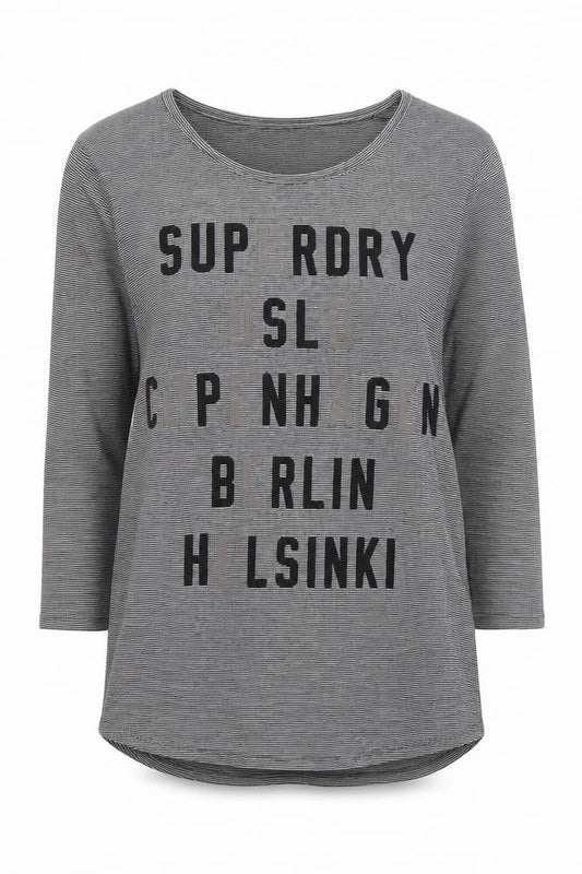 Superdry Women’s Grey Striped Long Sleeve Crew Neck T-Shirt XS