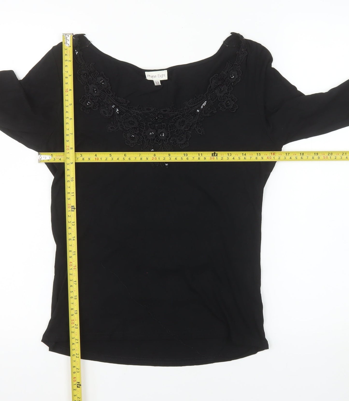 Phase Eight Women's Black 3/4 Sleeve Lace Neck Tunic Blouse Size 12
