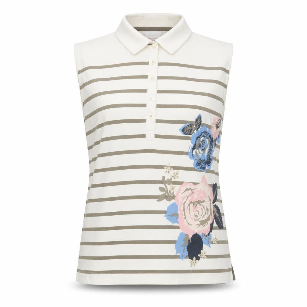 Front view of Daily Sports Women's Beige Striped Floral Sleeveless Polo Shirt XL