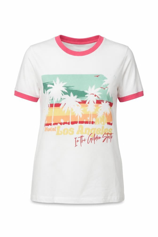 Front view of Brave Soul women’s white ringer t-shirt xs beach print summer top