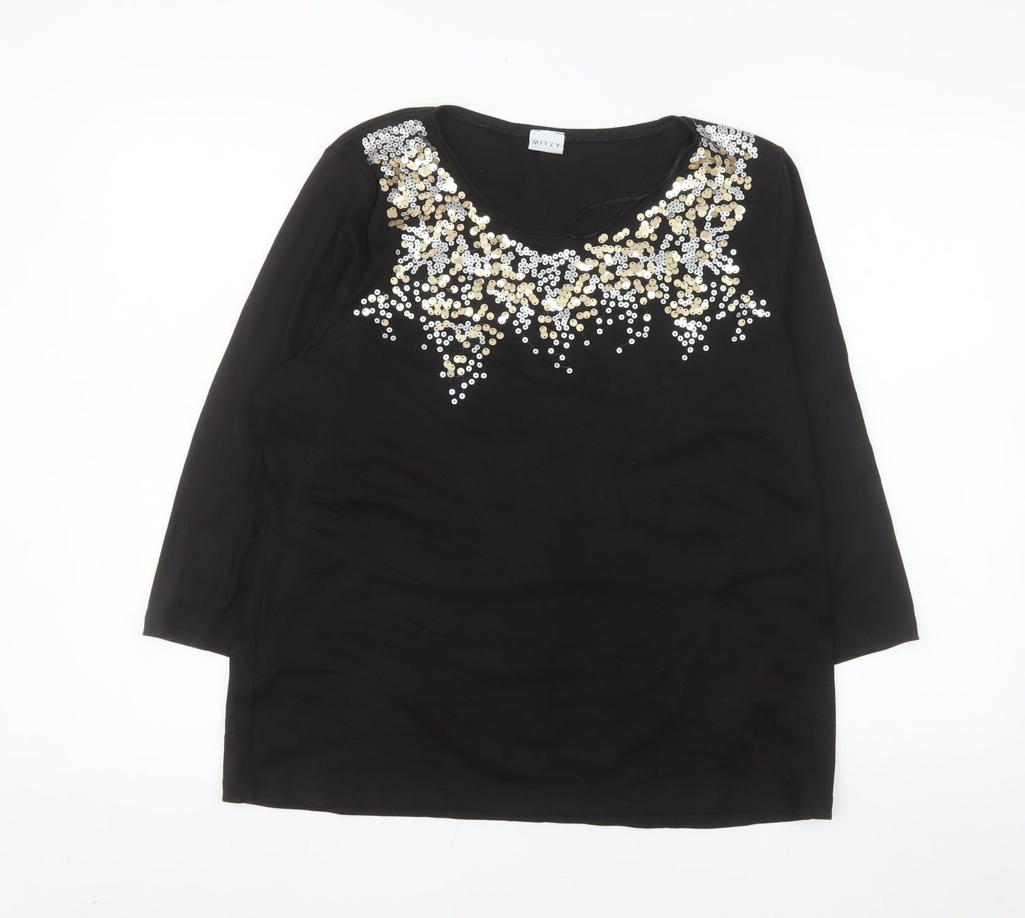 Mitzy Women Black Sequin Round Neck 3/4 Sleeve Blouse Size L