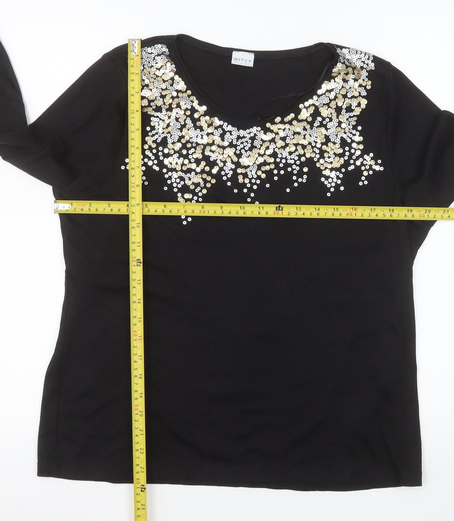 Mitzy Women Black Sequin Round Neck 3/4 Sleeve Blouse Size L