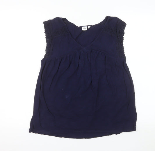 GAP Women Blue 100% Cotton Sleeveless V-Neck Blouse Size S