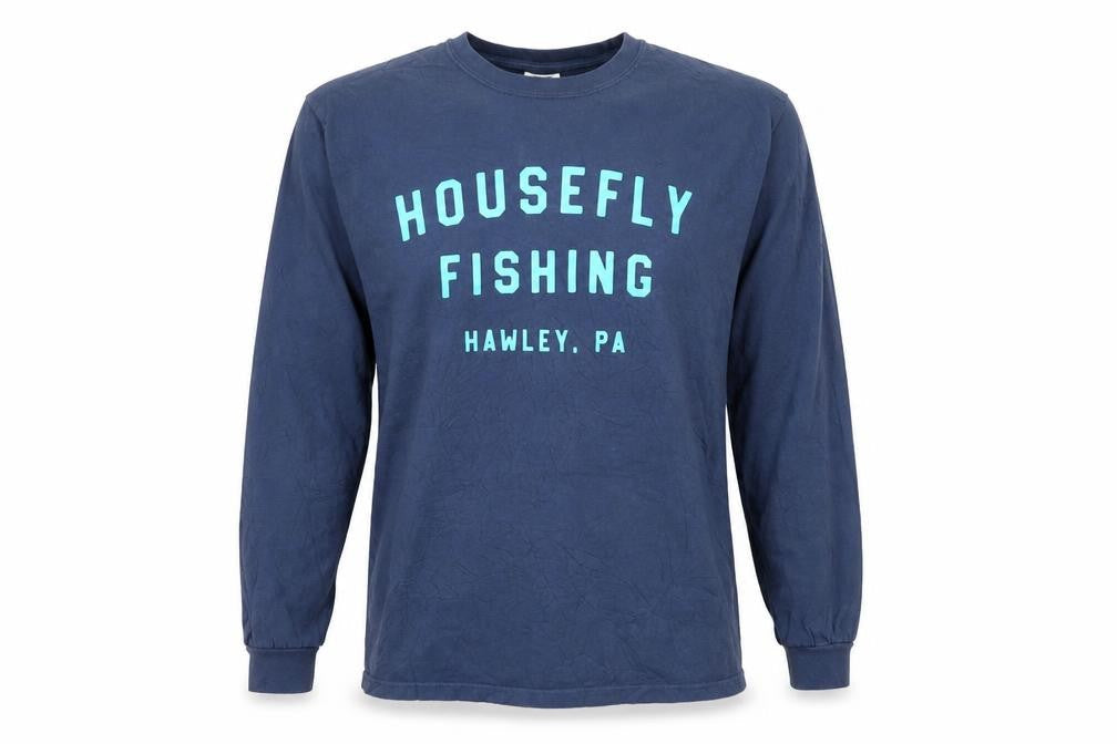 Front view of Comfort Colors Men's Blue Long Sleeve 'Housefly Fishing' Relaxed Fit Top, size L