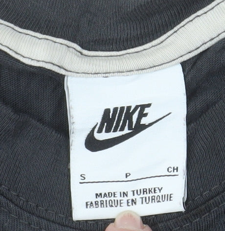 Brand and care label for Nike Men's Black Sports Logo Crew Neck Cotton T-Shirt, size S