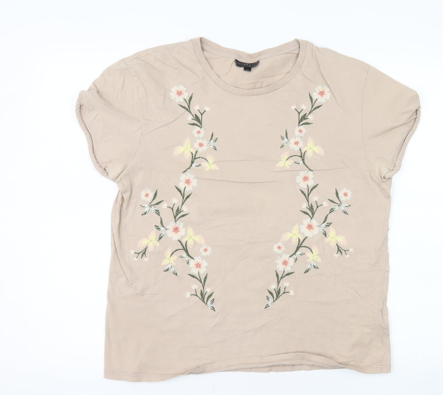 Topshop Women Beige Floral Embroidered Cotton T-Shirt Size 12