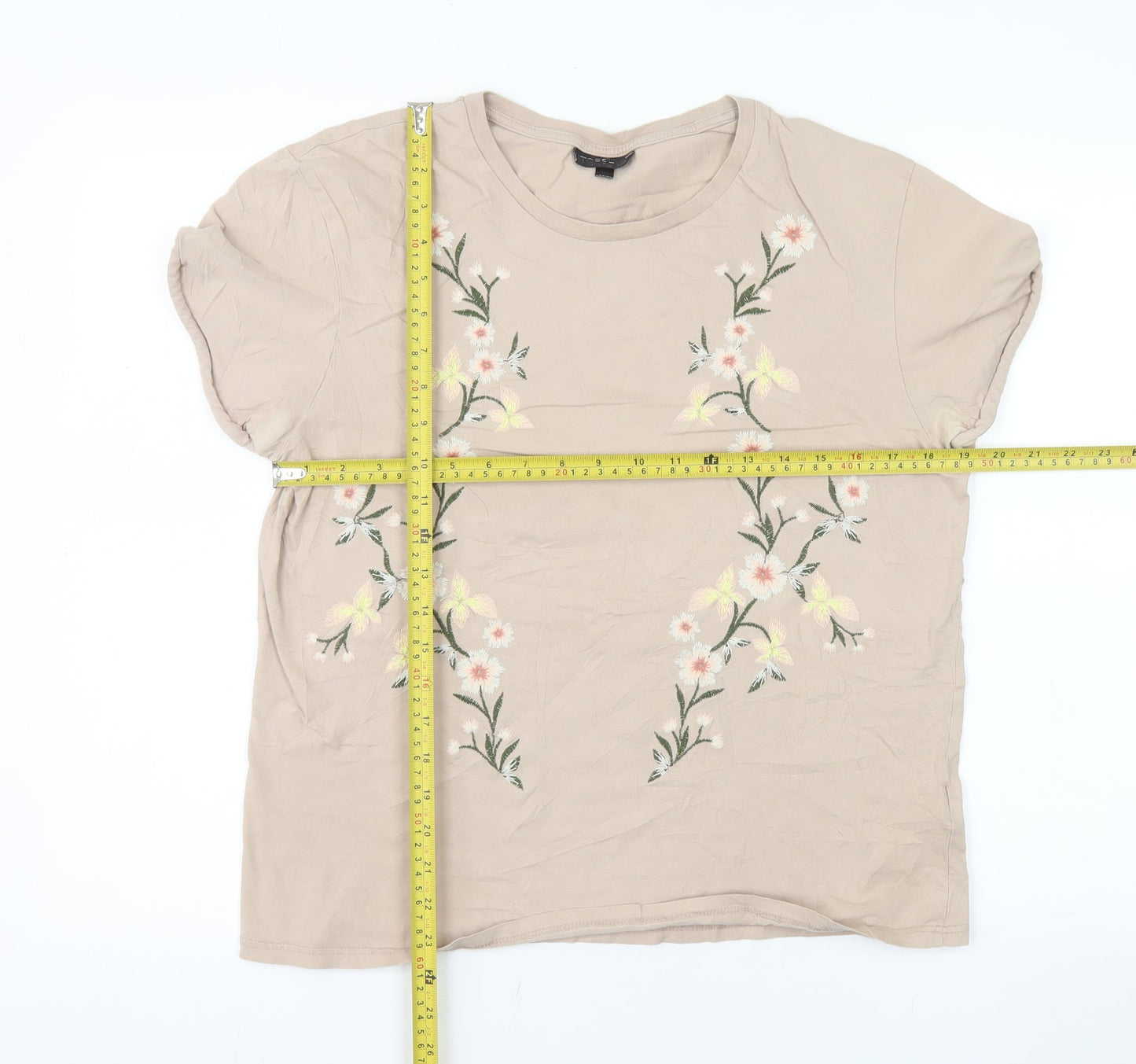 Topshop Women Beige Floral Embroidered Cotton T-Shirt Size 12