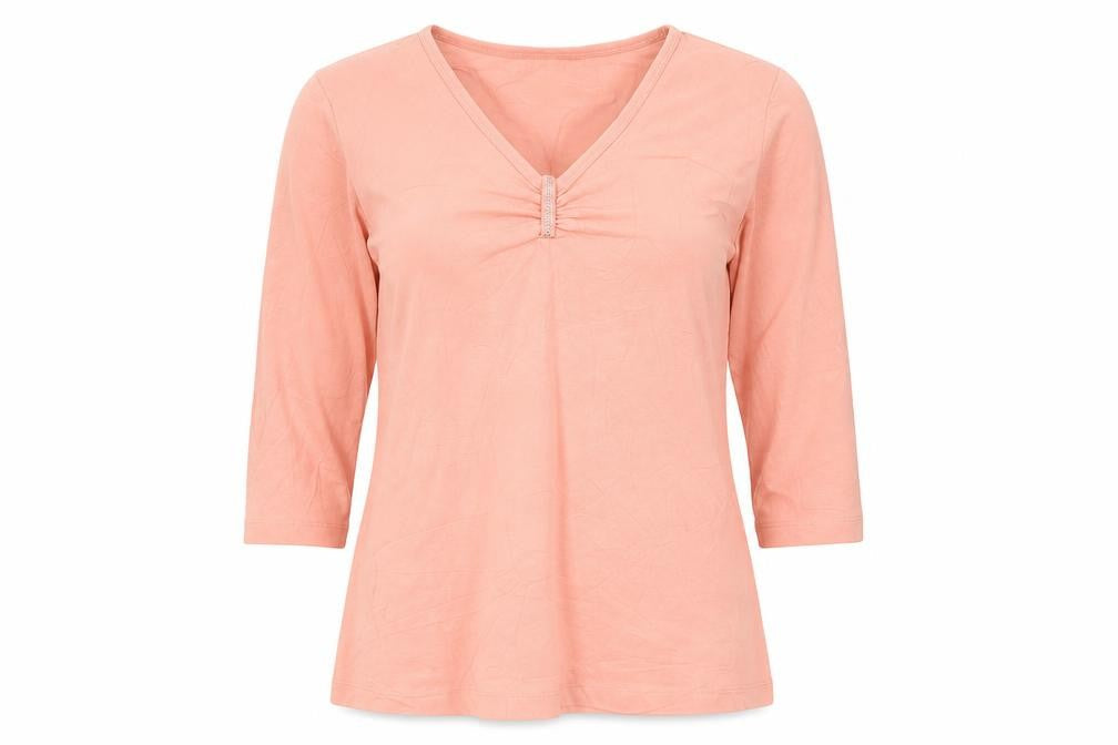 Front view of Basler Women Pink V-Neck 3/4 Sleeve Stretch Cotton T-Shirt, size 12