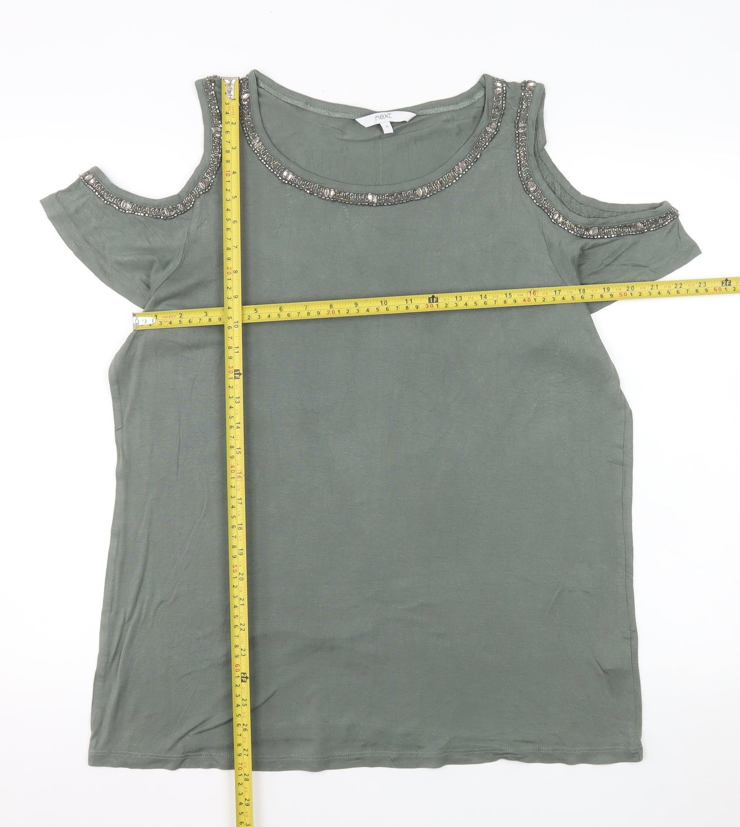 Next Women’s Khaki Green Cold Shoulder Beaded Top Size 18 Viscose