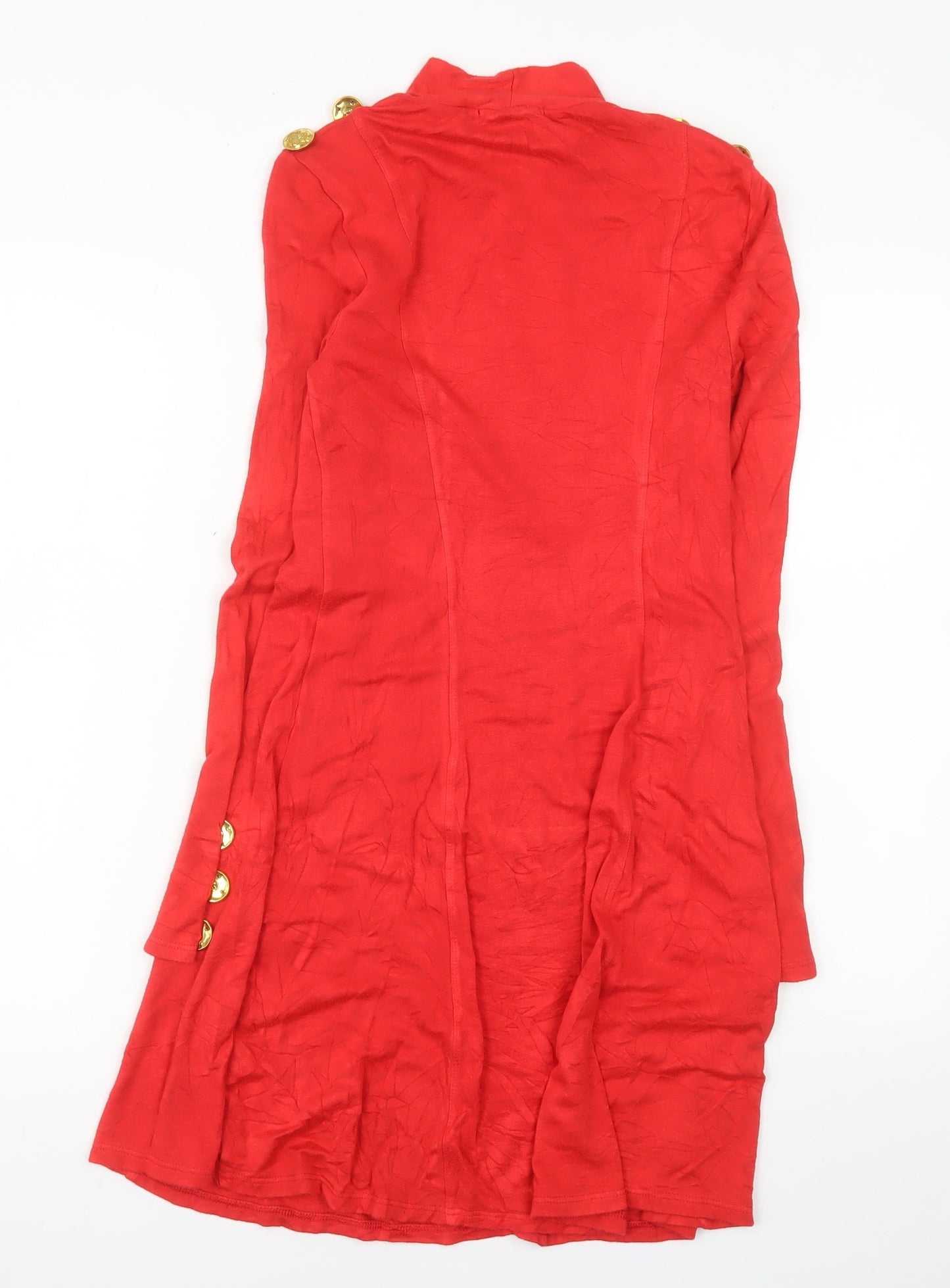 Next Women Red Knee Length Shift Dress Size 8 Long Sleeve Button Detail