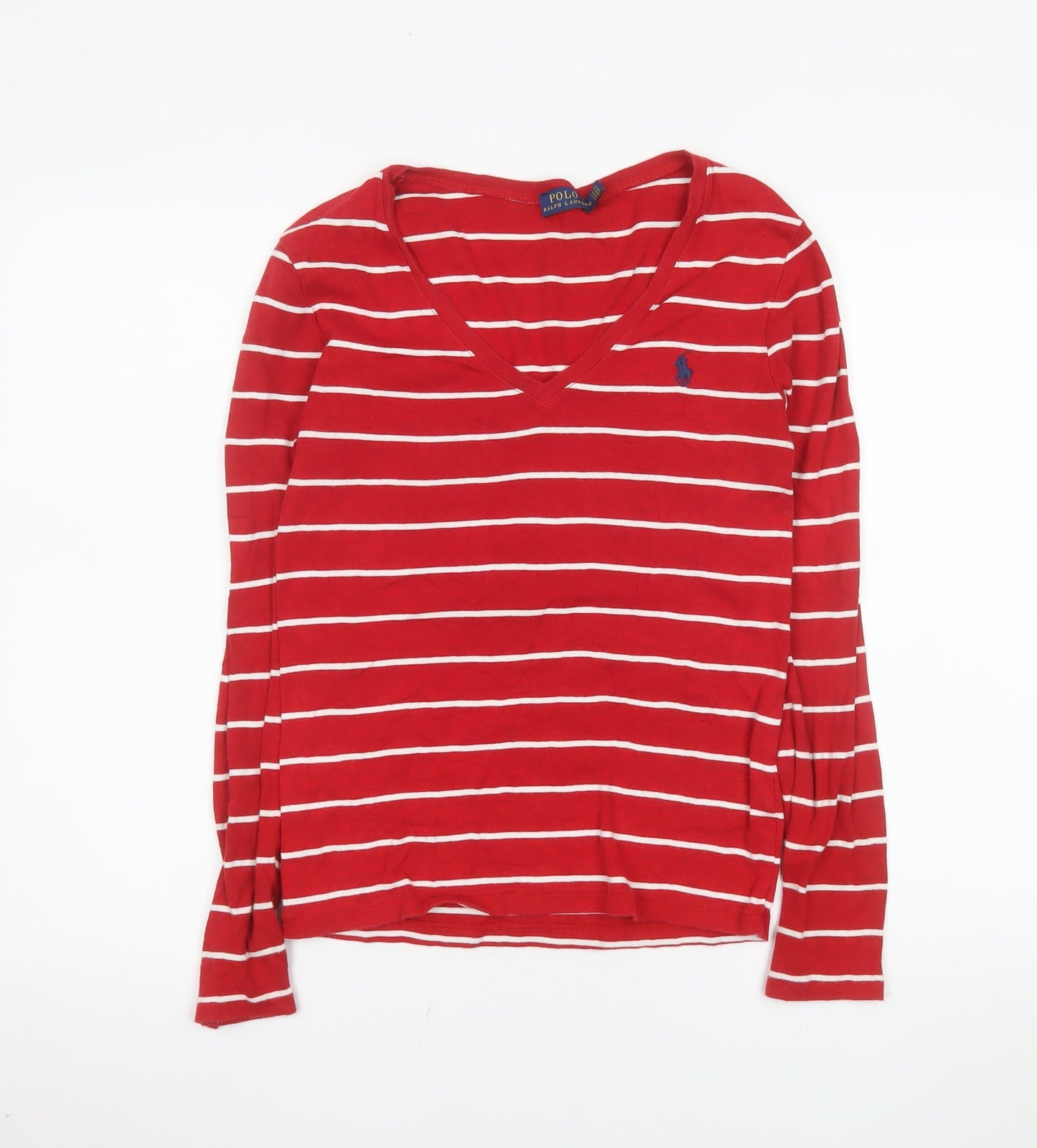 Polo Ralph Lauren Women's Red Striped V-Neck Long Sleeve Cotton Top M