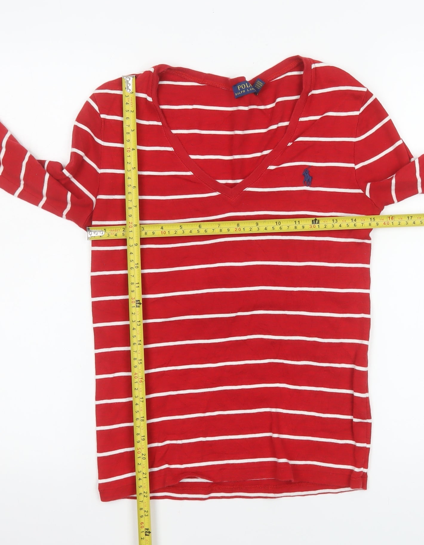 Polo Ralph Lauren Women's Red Striped V-Neck Long Sleeve Cotton Top M