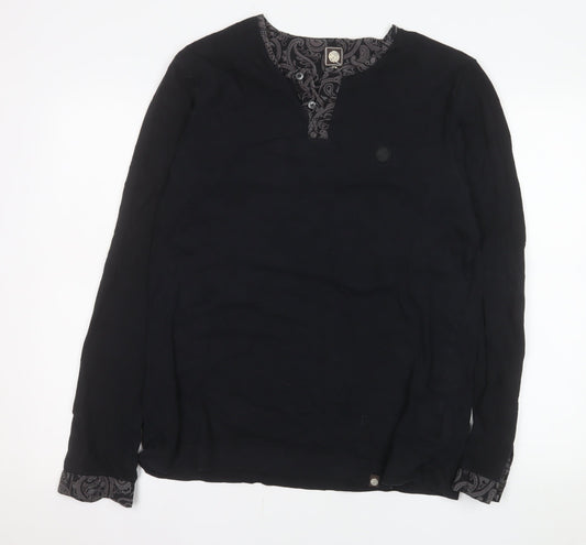 Pretty Green Men's Black Cotton Long Sleeve Henley Shirt M
