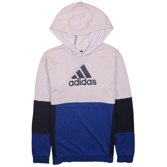 Adidas Boys Beige Blue Pullover Hoodie Logo Print Size 13-14 Years