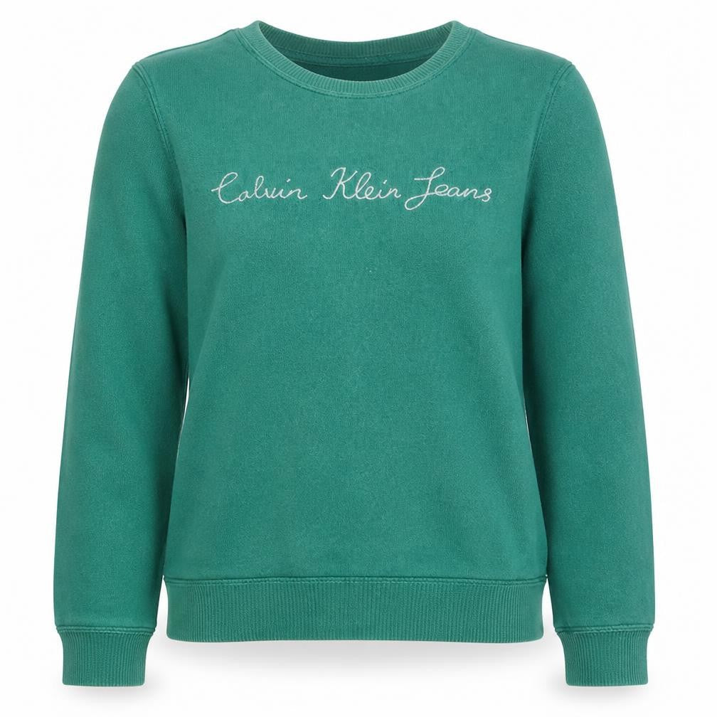 Front view of Calvin Klein Jeans Women's Green Cotton Crew Neck Sweatshirt, size S