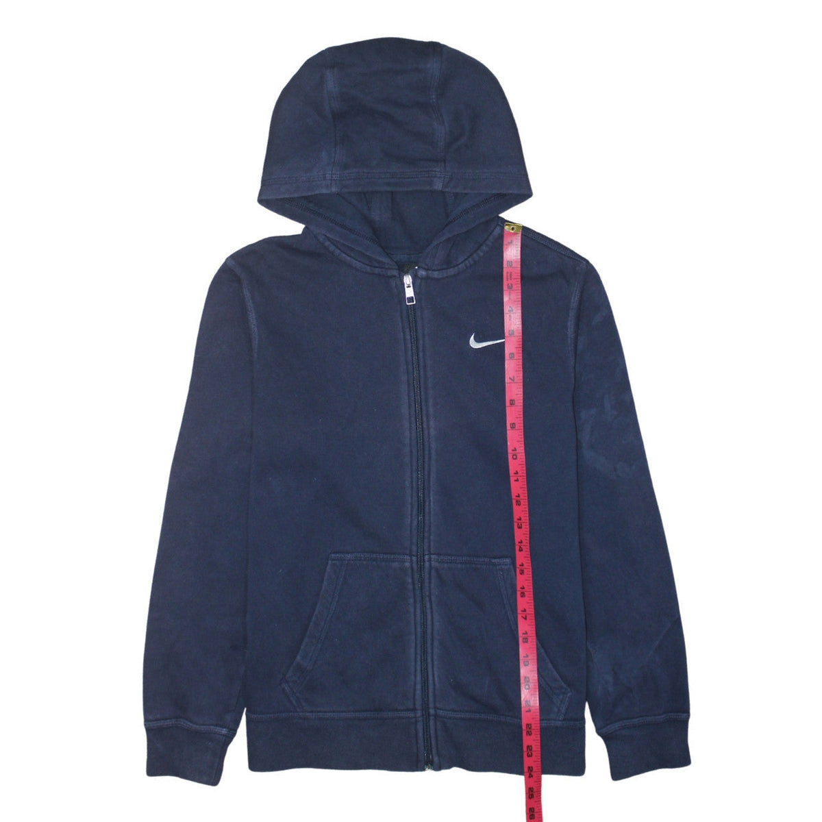 Close-up detail of Nike boys’ navy blue full zip hoodie xl 13-15 years cotton blend