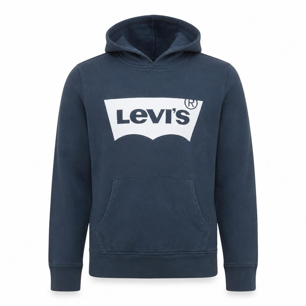 Front view of Levi's boys’ blue pullover hoodie, size 16, years logo fleece sweatshirt