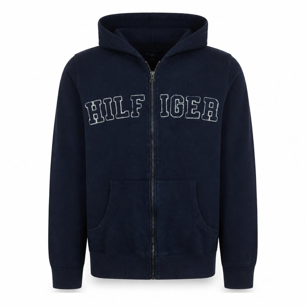 Front view of Tommy Hilfiger Men's Blue Full Zip Hoodie M Logo Embroidered Classic