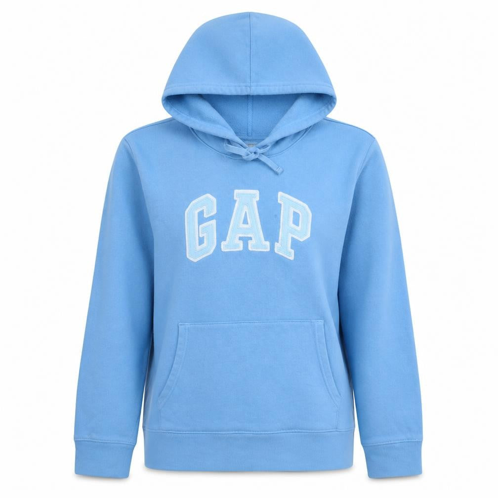 Front view of Gap Women Blue Pullover Hoodie Medium Cotton Blend Lined Casual
