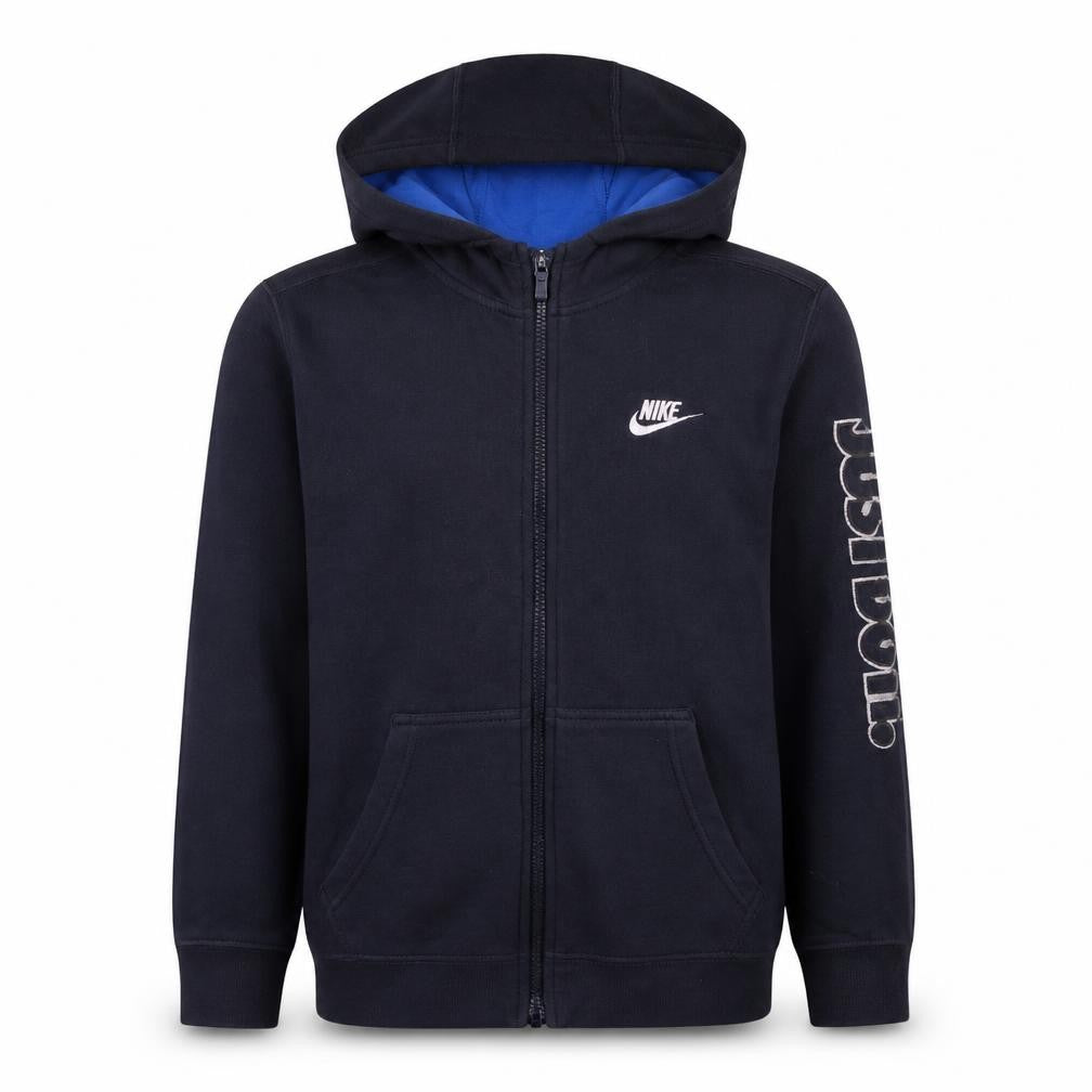 Front view of Nike boys’ navy blue full zip hoodie 12-13 years fleece lined just do it logo