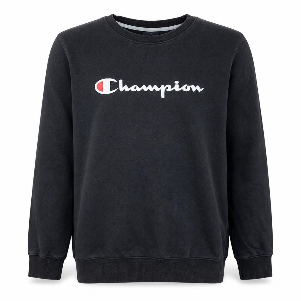 Front view of Champion Men's Black Crew Neck Logo Sweatshirt Medium