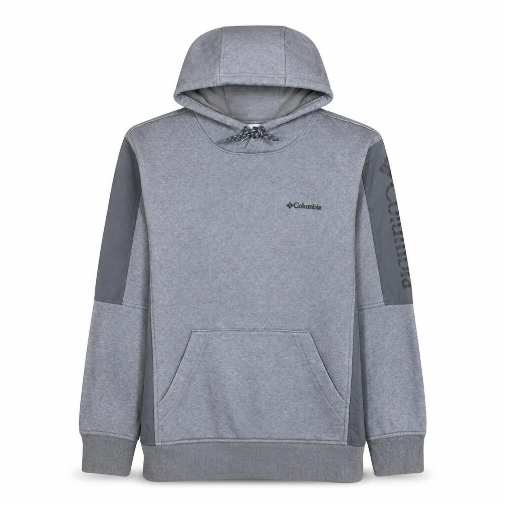 Front view of Columbia Men's Grey Pullover Hoodie, size S, Fleece Logo Outdoor
