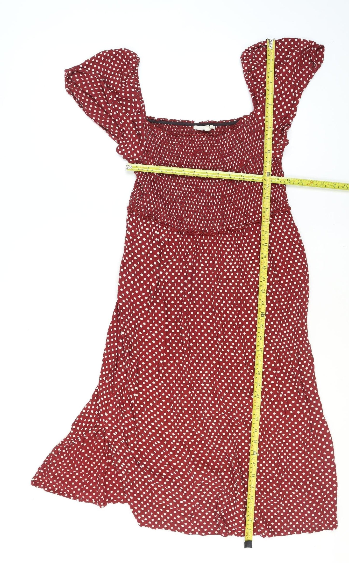 Next Women’s Red Polka Dot Smocked Puff Sleeve Fit & Flare Midi Dress Size 12