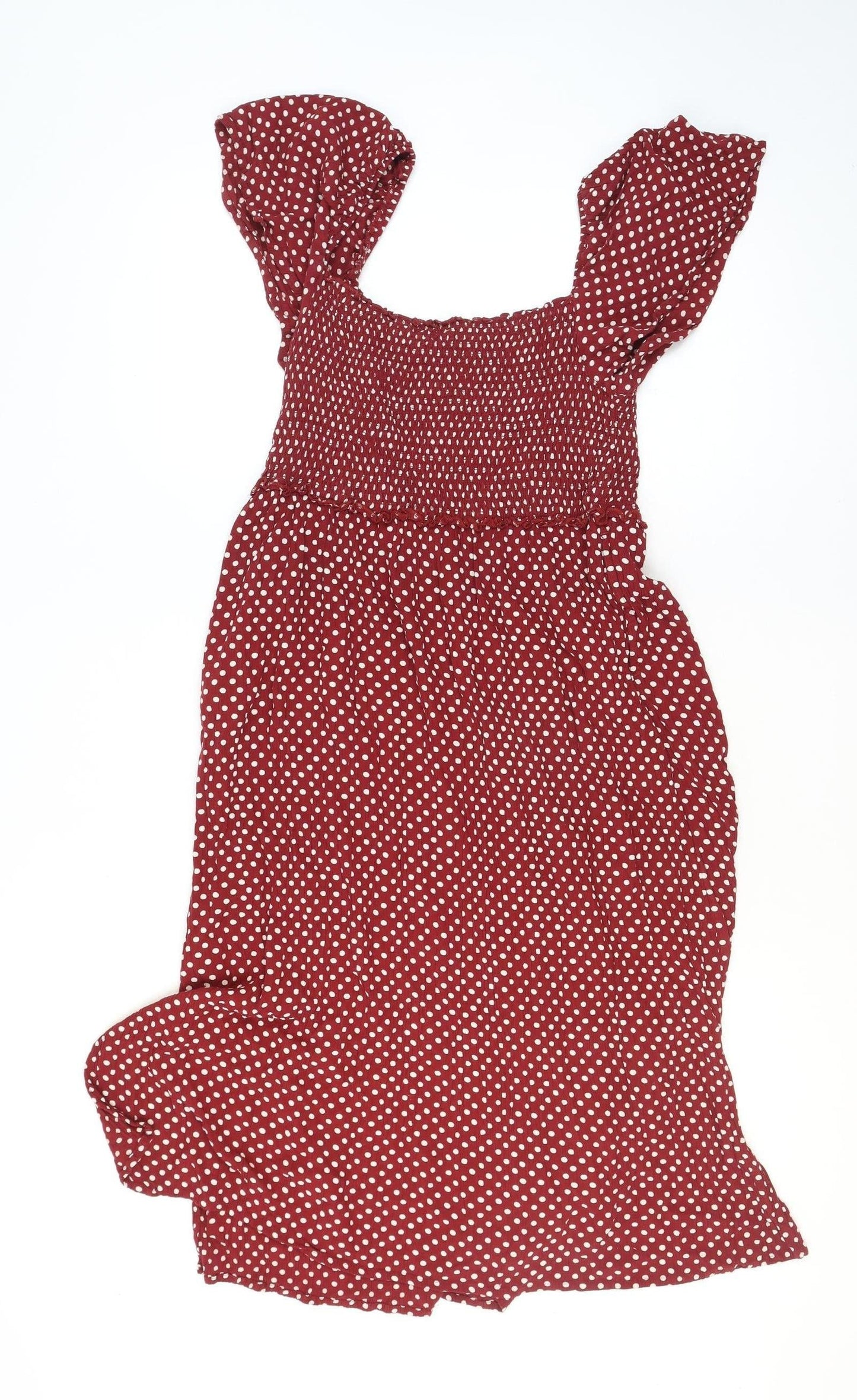 Next Women’s Red Polka Dot Smocked Puff Sleeve Fit & Flare Midi Dress Size 12