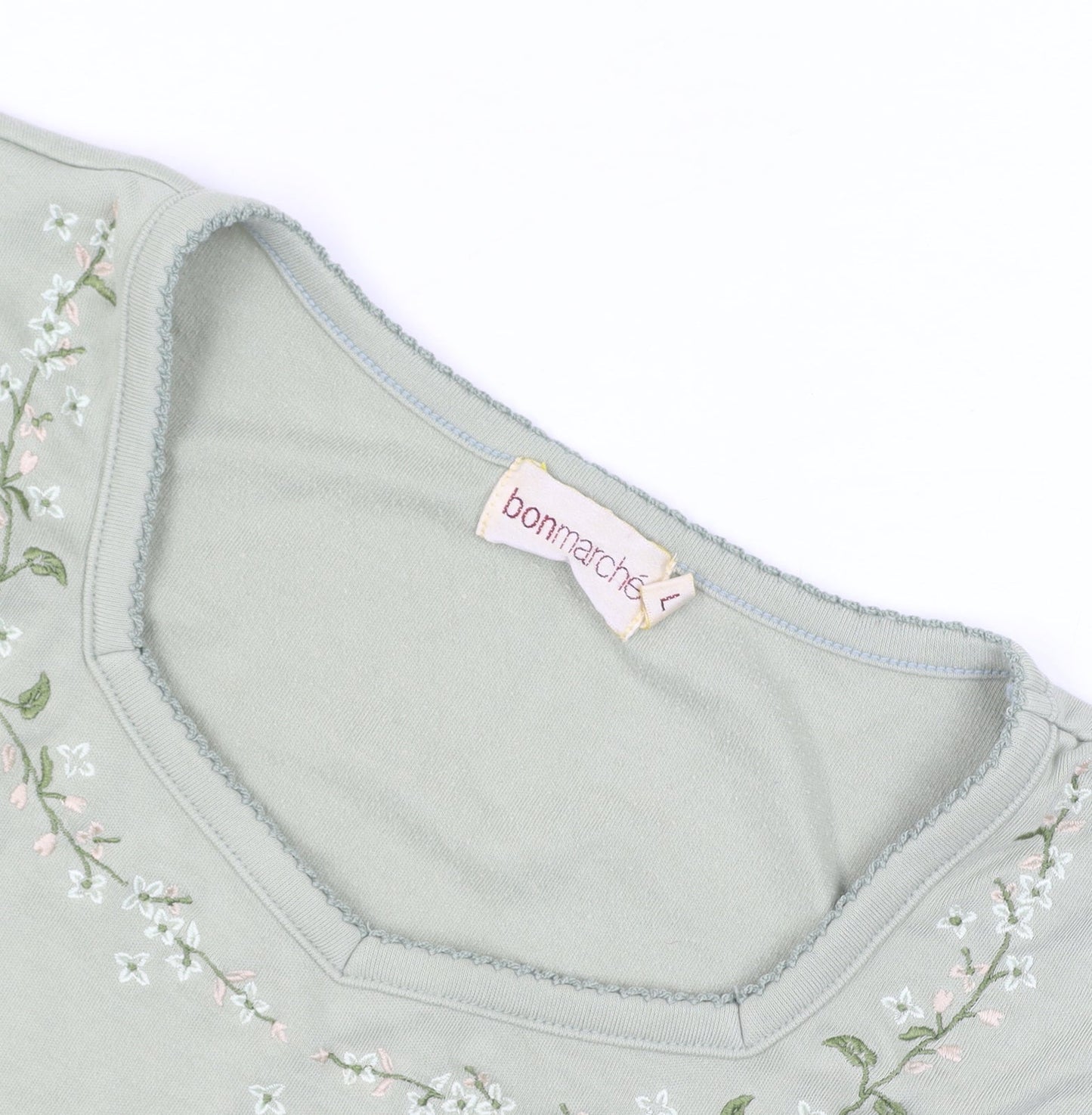 Bonmarché Women’s Green Embroidered V-Neck Cotton T-Shirt Size L
