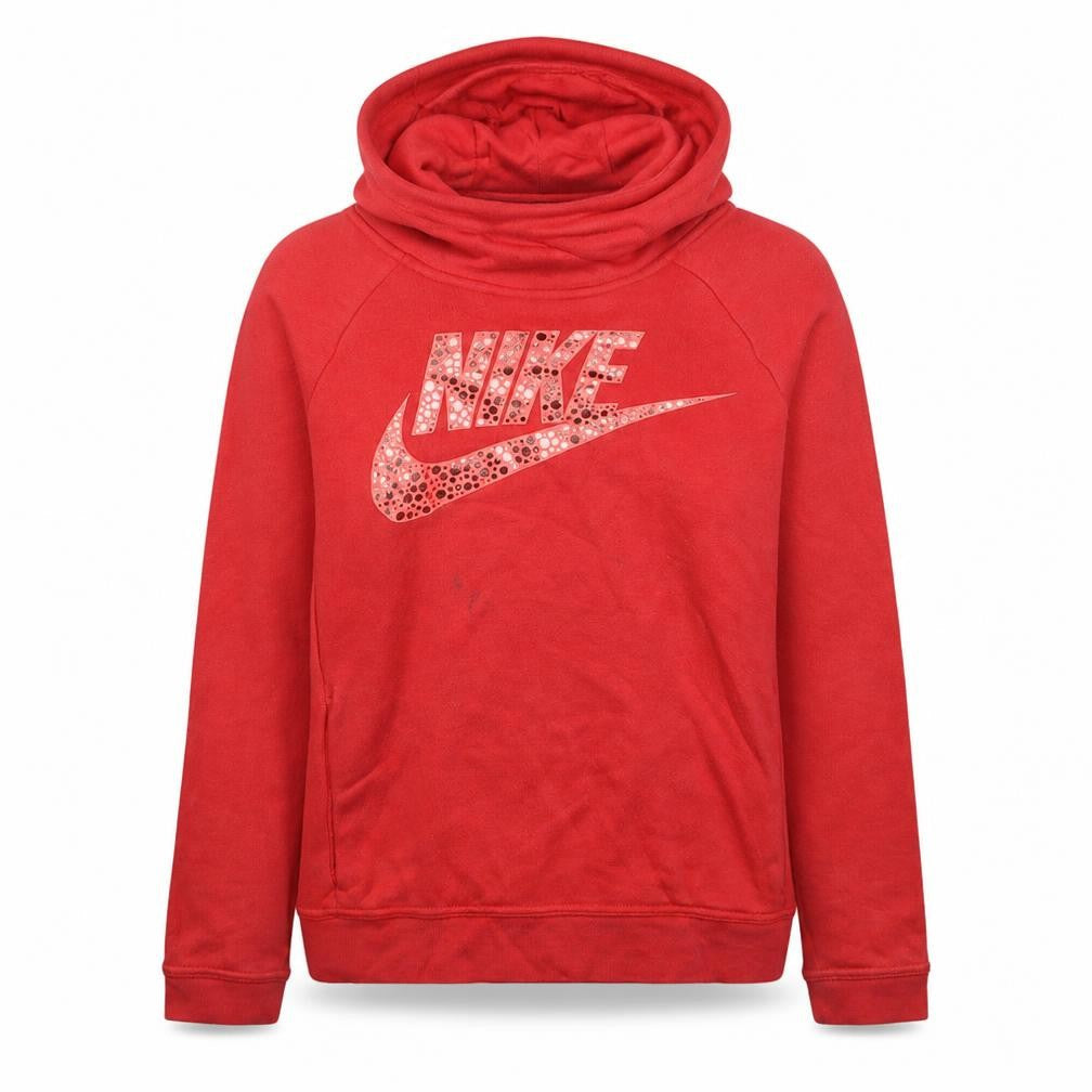 Front view of Nike women’s red long sleeve pullover hoodie xl rhinestone logo