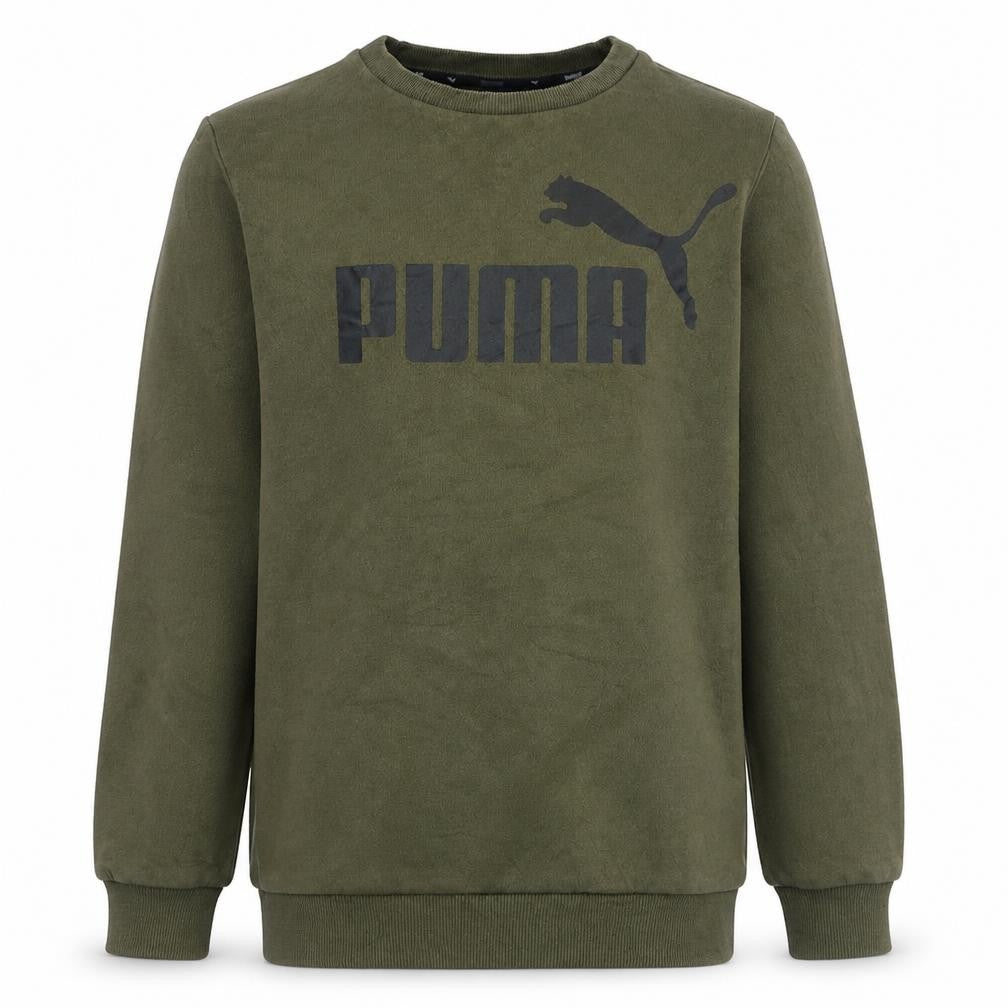 Front view of Puma boys’ khaki green crew neck sweatshirt xl 14-15 years logo graphic