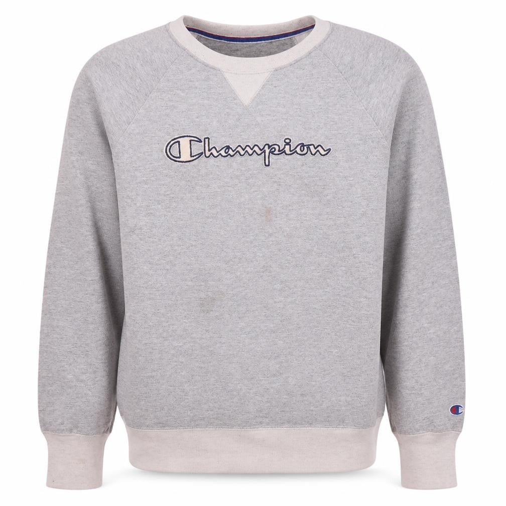 Front view of Champion Men's Grey Pullover Sweatshirt M Logo Athletic