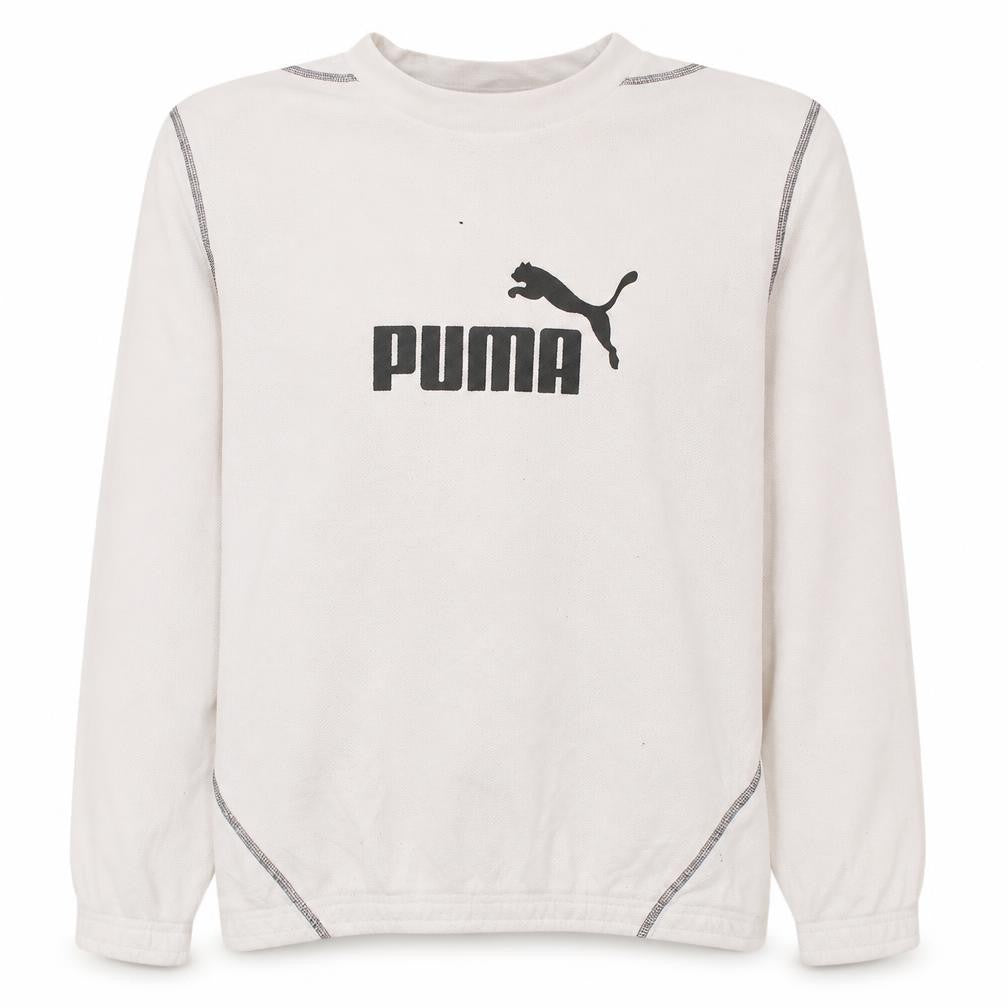 Front view of Puma women’s white crew neck pullover sweatshirt, size UK 14, uk