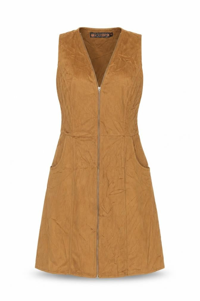 QED London Women's Brown Size 10 Suede Sleeveless Zip Pinafore Dress
