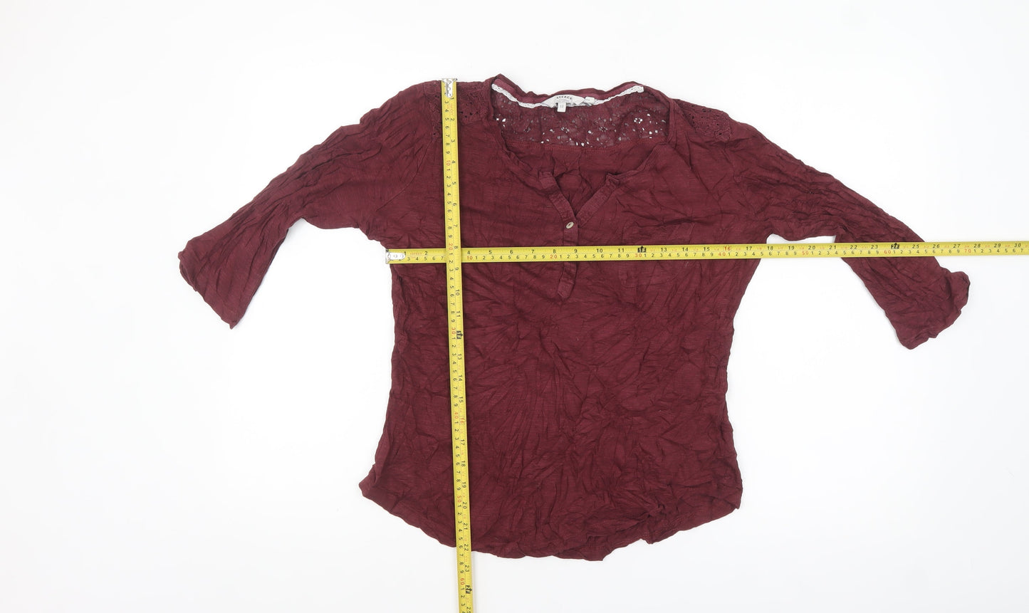 FatFace Women's Red Crochet Tunic Blouse Size 12 3/4 Sleeve Cotton Blend